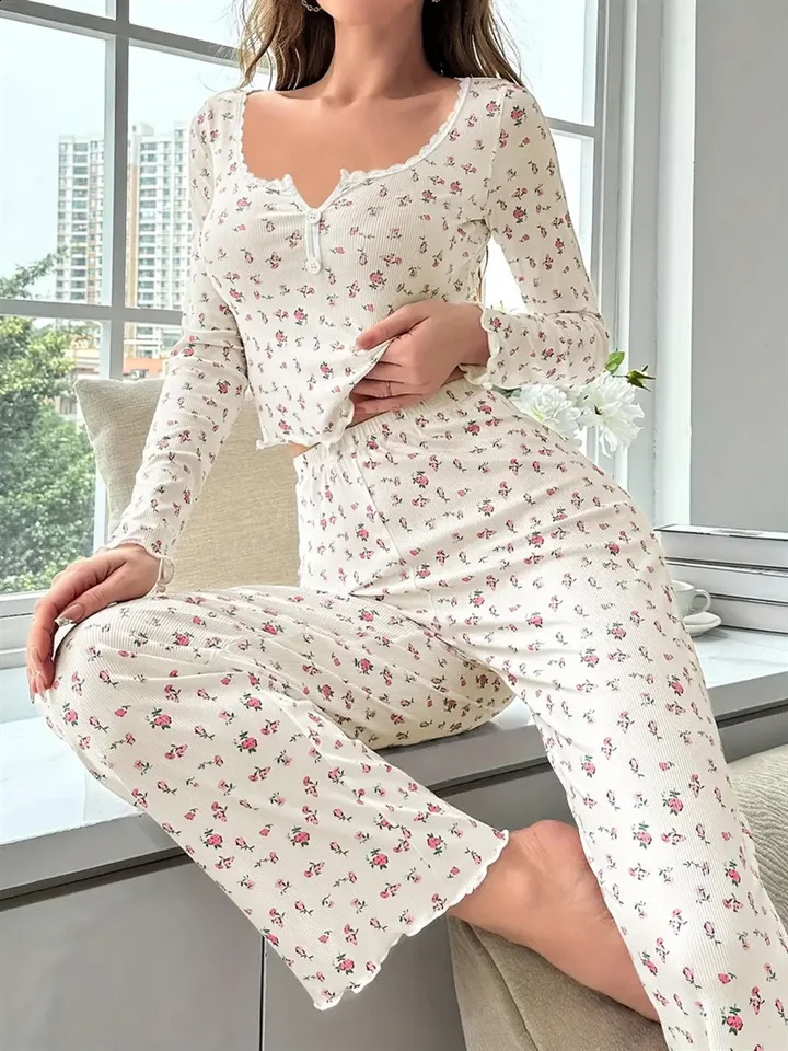 4 Size Choose S M L XL Apricot Ditsy Floral Women Homewear Set Soft Pajama Long Sleeve Top and Pants Loungewear Sleepwear T 260625
