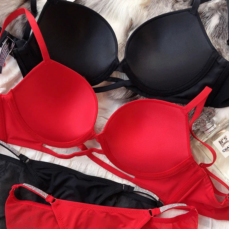 2 Pieces Sexy Underwear Set for Women Classic Cross Hollow Bra Sparkle Rhinestones Lingerie Deep V Push Up Brassiere 260626 - view 3