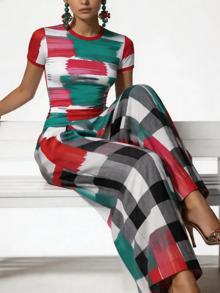 UOOZEE 2026 Fashion Contrast Color Plaid Matching Pants Women High Waisted Wide Leg Loose Casual Pleated Palazzo Trousers 260625 - view 7