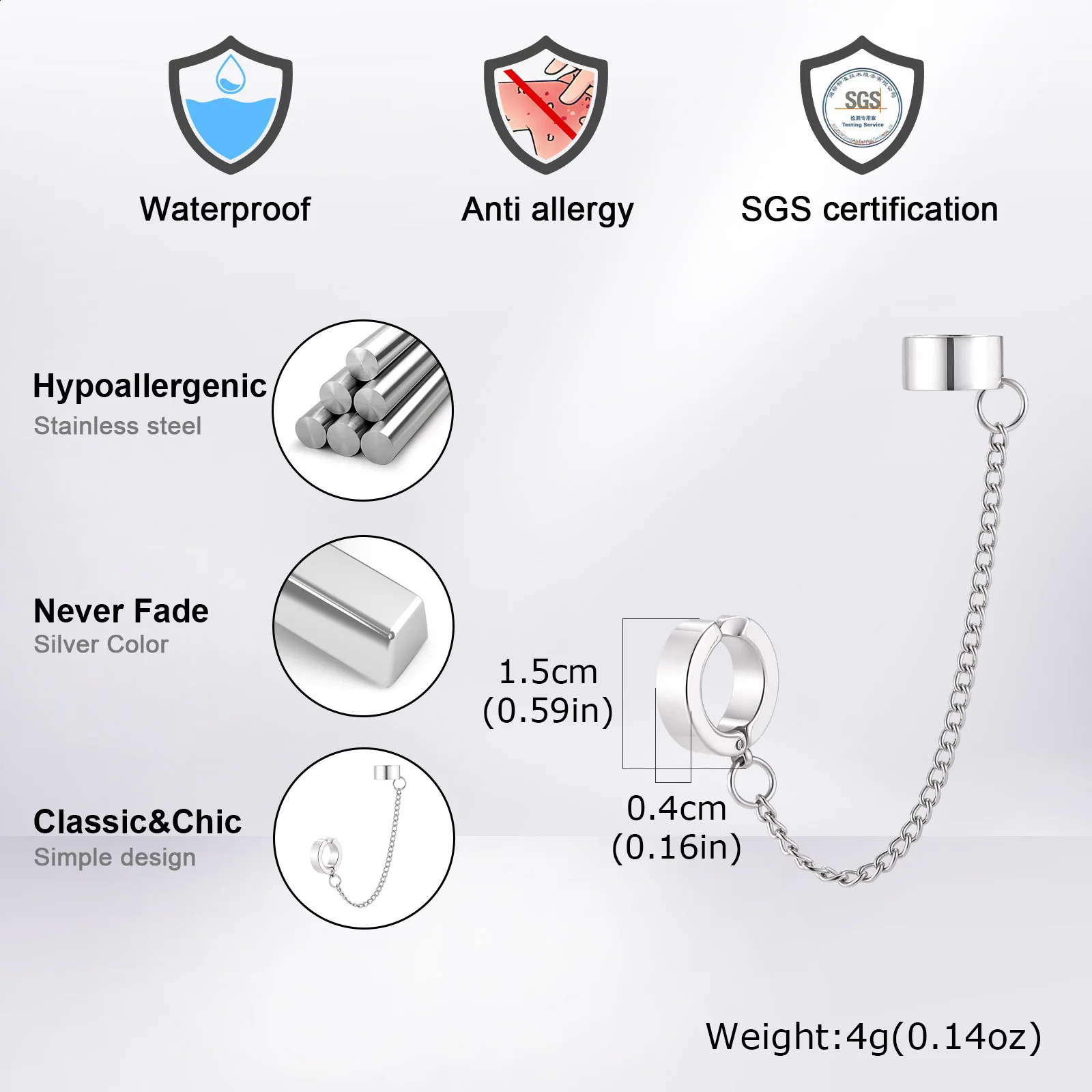 1pc Clip Earrings with Chain Stainless Steel for Women Men Punk Tassel Hoop Ear Cuffs Painless Non Piercing Earring Jewelry 260623 - view 7