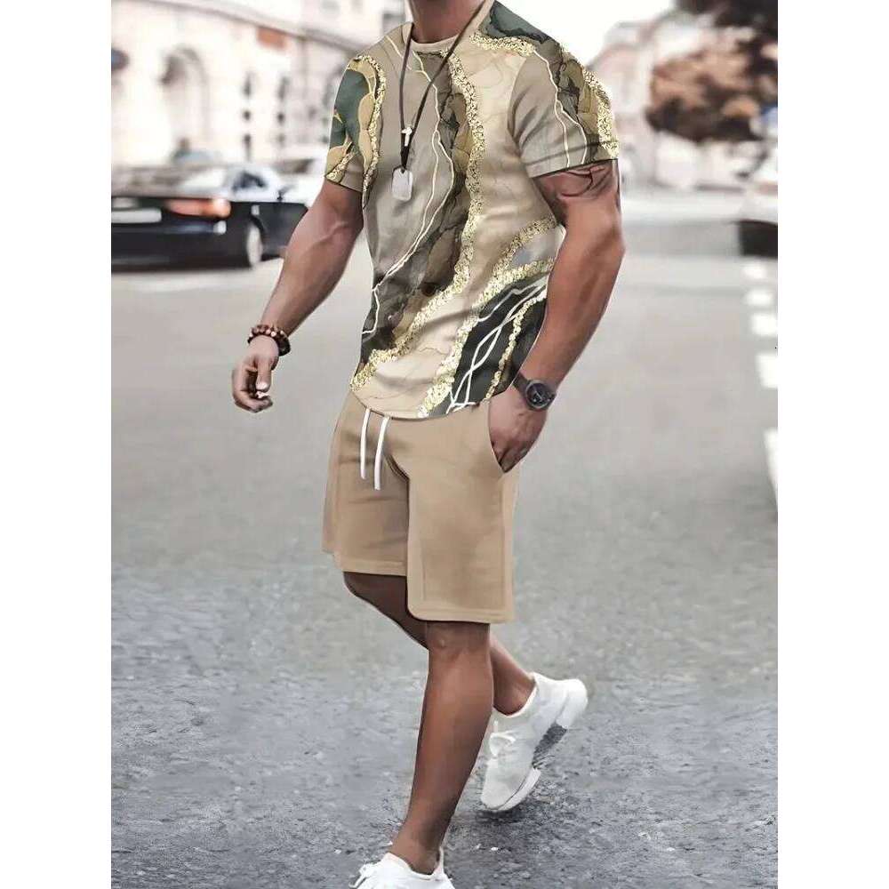 Simple Marble 3D Print Summer Crewneck Top And Shorts Urban Street Fashion Men's Suit Everyday Casual Comfort 26Y0626