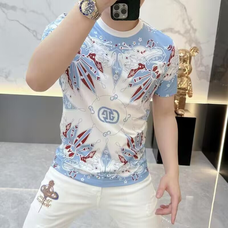 2026 Summer New European Fashion Brand Personality Print Stylish Round Neck Short Sleeve Slim Fit Casual T-Shirt For Men
