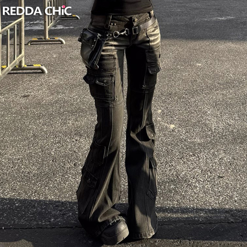 REDDACHiC Black Low Waist Cargo Jeans 2000s Distressed Whiskers Multipocket Stretch Bootcut Pants Women Retro Grunge Streetwear 260625