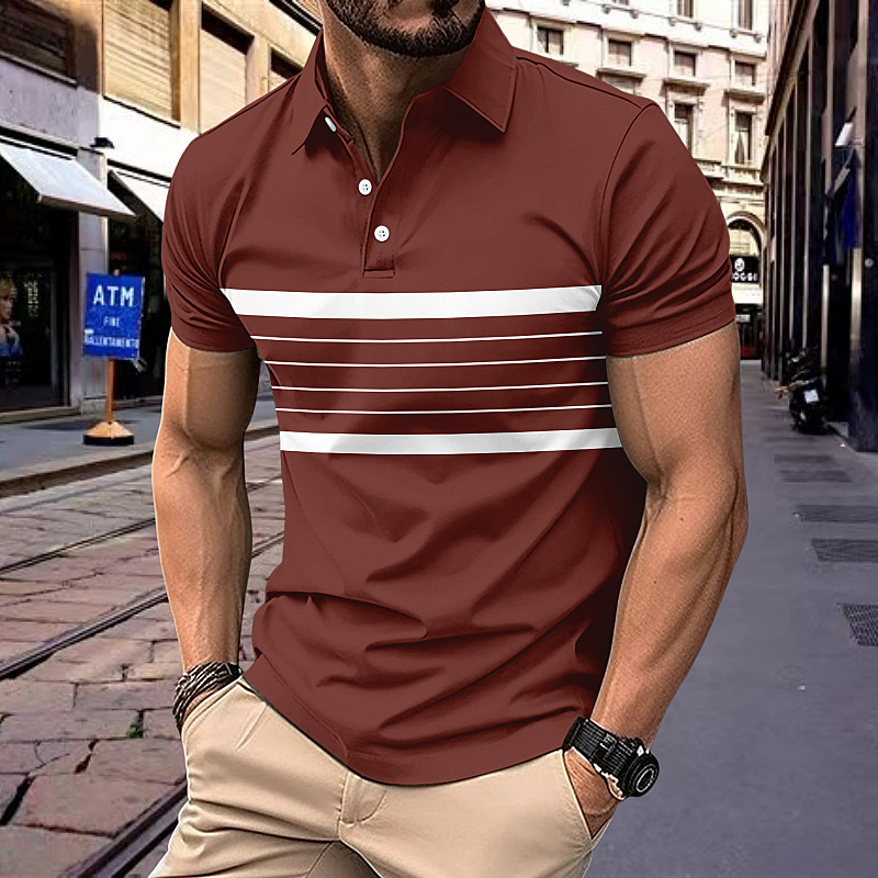 New Men's Casual POLO Shirt, Summer V-Neck Buttoned Striped Versatile T-Shirt