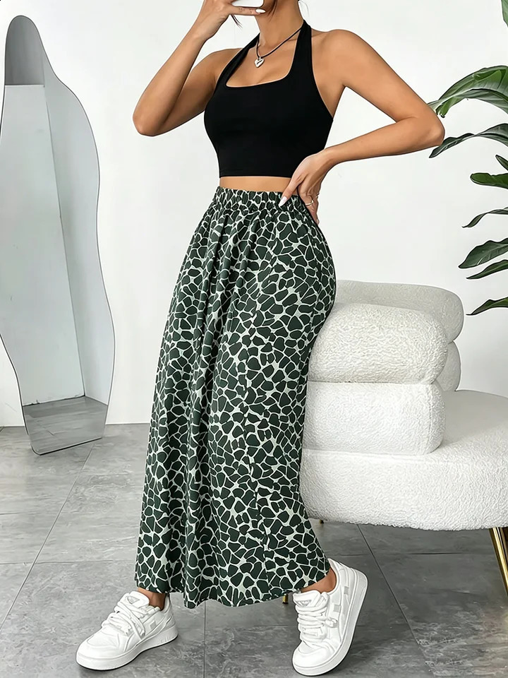 Womens clothing set solid color hanging neck backless vest topelastic waist geometric printed half skirt long 260626 - view 6