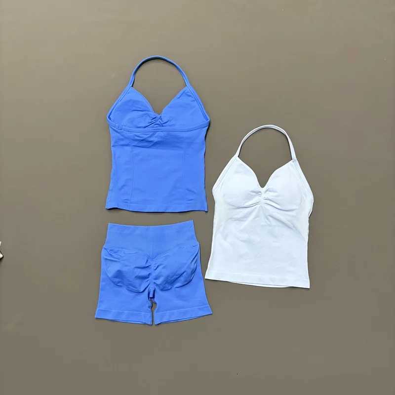 HISTELLO Yoga Set Women 2Pcs Halter Tank Top Scrunch Butt Lifting Shorts Ruched Anti Chafe Quick Dry Gym Workout Sports Set M260626 - view 5