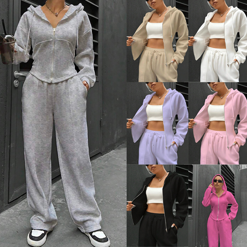 Cross-border independent store autumn/winter Amazon European American women's fashion hooded cardigan slim-fit sweatshirt and wide-leg pants two-