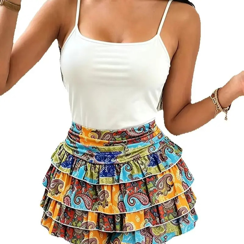 Summer Casual Elegant Solid Color Square Collar Tank Top Elastic Waist Printed Skirt Shorts TwoPiece Set 260626 - view 7