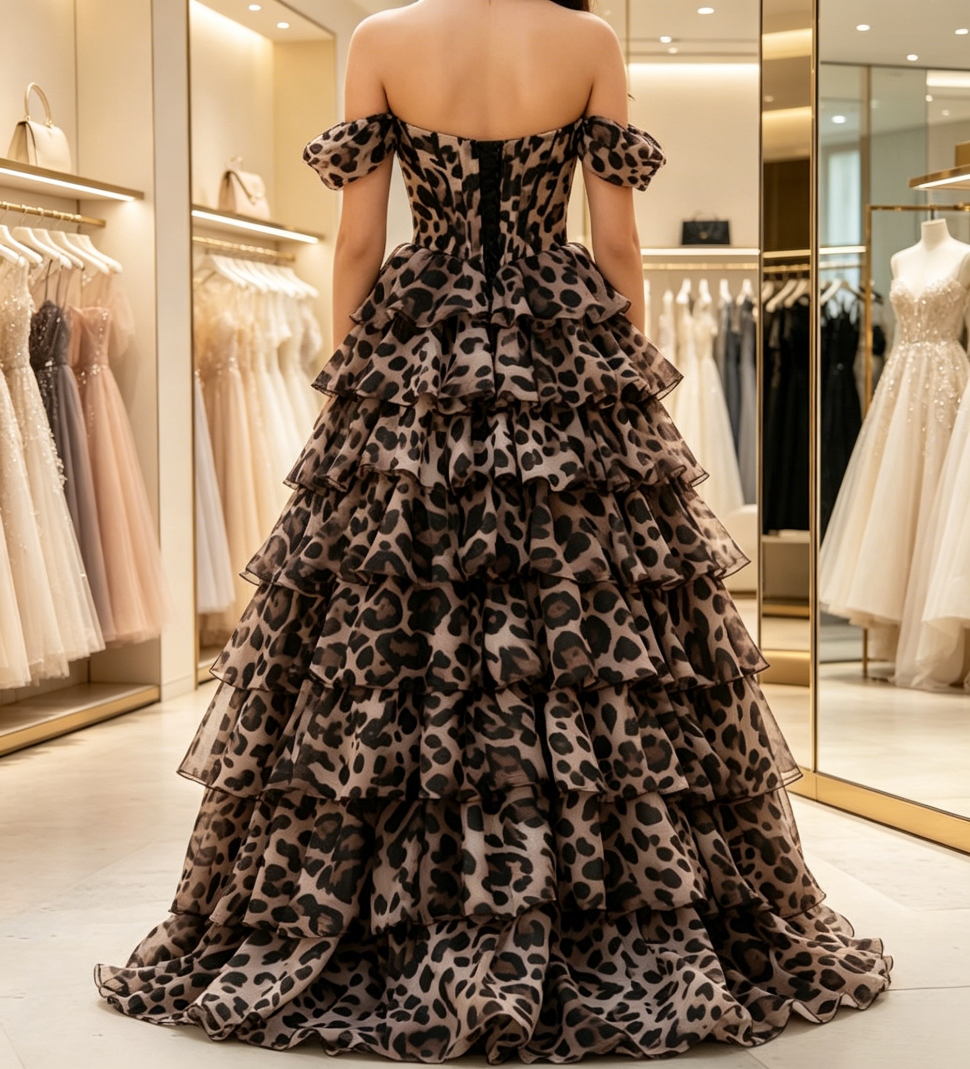 Leopard Print Off Shoulder Prom Dresses Chiffon A-Line Long Pageant Dress Beaded Sweetheart Corset High Slit Tiered Ruffle Modern Evening Party Gown - view 3