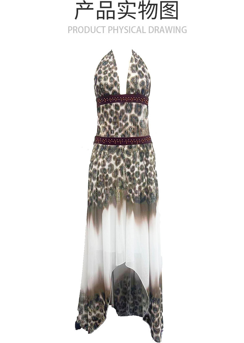 Cross-border summer new women's clothing, European and American style halter neck leopard print patchwork long dress, sexy backless beaded dress - view 7