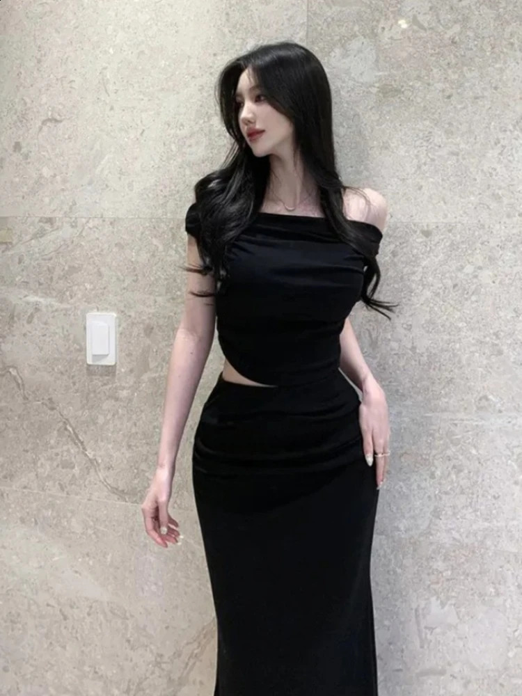 2026 Arrival Korea Dongdaemun Two Piece Set Slim Fit Draped Neck Sleeveless Women Tank TopButt Wrapped Fishtail Skirt 260625