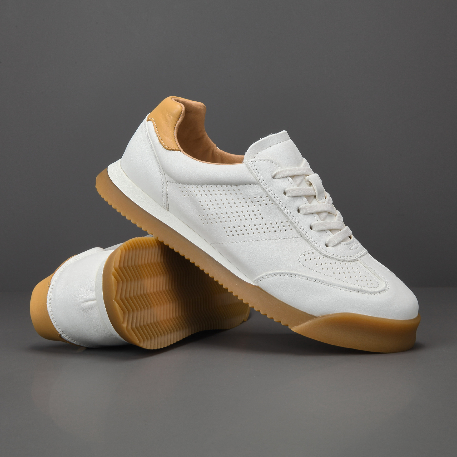 Designer Tan Leather Sneakers Men Free Shipping Breathable Perforated Non-slip Gum Sole Lightweight Business Casual Daily Walking Shoes - view 5