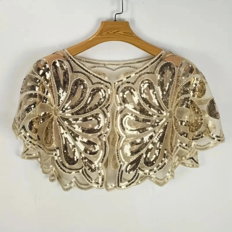 Vintage Sequin Floral Capelet Shawl Sparkling Embellished Party Accessory Hand Washable No Stretch Elegant Decorative Cape 260625