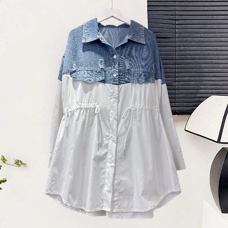 SuperAen Denim Patchwork Womens Spring and Autumn Loose Casual Long-Sleeved Fashion Top European and American Style Shirts 260626 - view 7