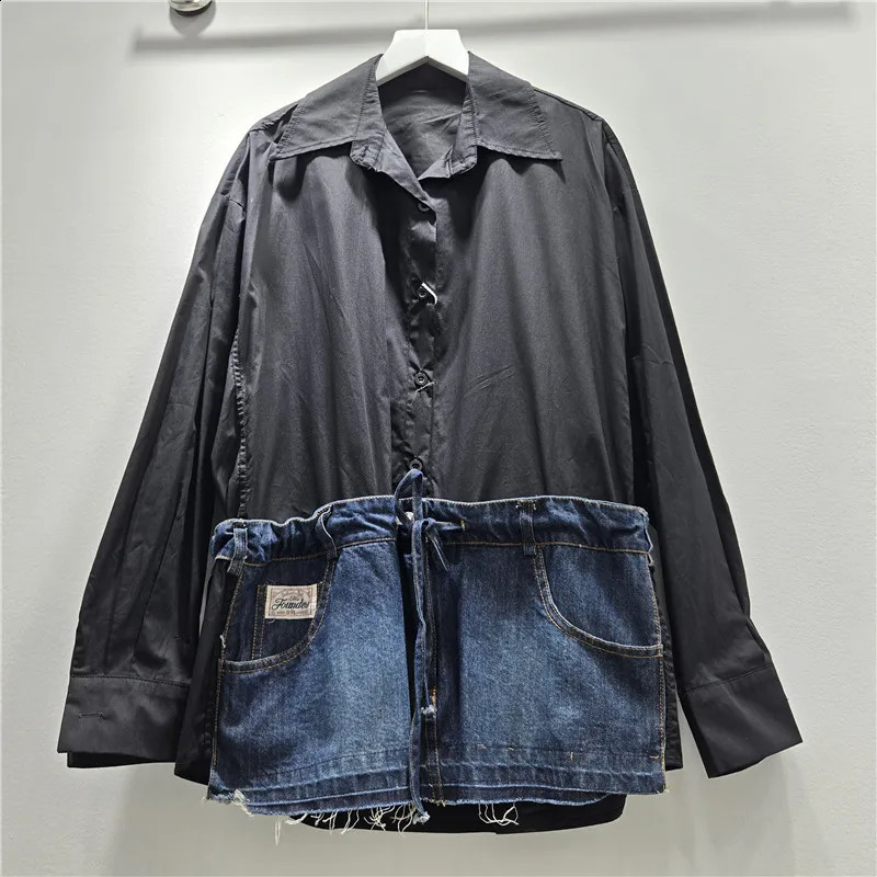 SuperAen Spring 2026 Korean-style ned Denim Patchwork Long-sleeved Shirt Single Breasted Loose Casual Tops 260626 - view 4