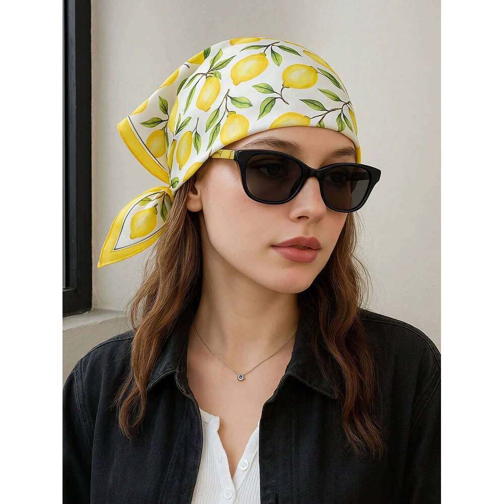 Summer Beach Yellow Lemon Print Silk Hijab Scarf Women Neck Ties Sunscreen Decorate Neckerchief 70*70cm Square Scarves 26Y06226 - view 7