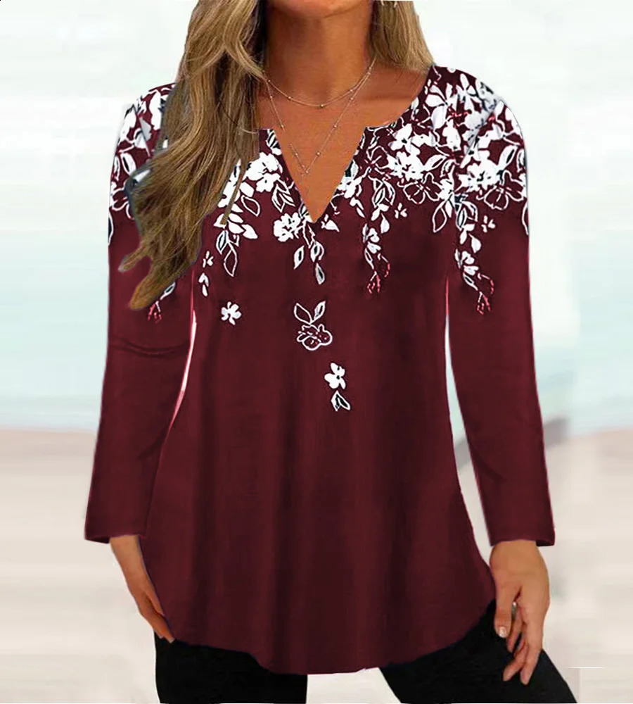 Plus-size womens casual floral print V-neck long-sleeve T-shirt top 260626 - view 6