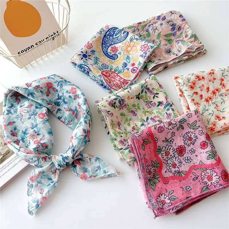 Sunscreen Head Cotton Linen Square Women Floral Peach Neck Scarf Fashion Decorative Neckerchief Hairband 58*58cm 26Y06226 - view 6