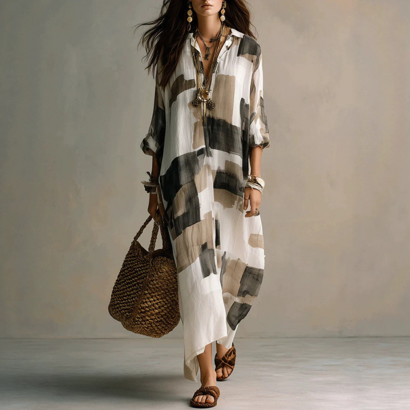 Preppy Printed Sundress for Women, Floor-Length Geometric Tie-Dye Shirt Dress with Lantern Sleeves, Sailor Collar, Natural Waist, Side Split, Polyeste