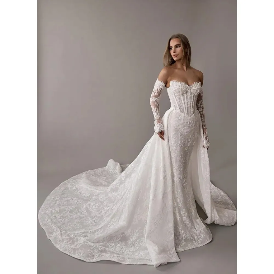 Lace Mermaid Wedding Dress With Detachable Train Long Sleeves Corset Boning Bridal Gowns Cat-eye Neckline Buttons Back Bride Formal Ceremony Vestdos D - view 4