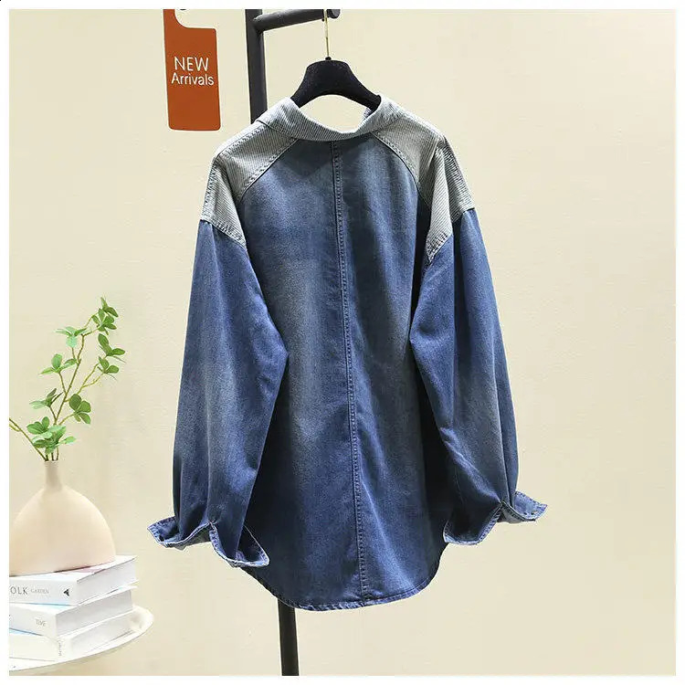 SuperAen Mid-length Vintage Striped Patchwork Denim Blue Shirt for Women 2026 Spring n Loose Shirt Tops 260626 - view 7