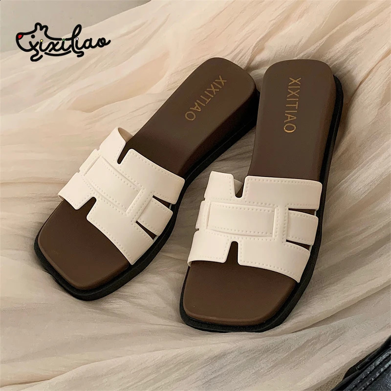 XIXITIAO 2026 Fashion Womens Color blocking Slide SandalsElegant Square Open Toe Slip On Wedge sandals Summer Beach Slippers 260626 - view 1