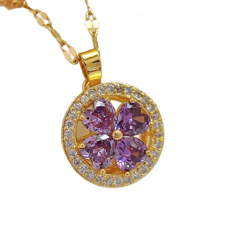 Necklace Titanium Steel Non Fading Versatile Fashion Necklace For Women 18K Gold Plated Micro Inlaid Zircon Four Leaf Clover Light Luxury Purple Colla - view 6