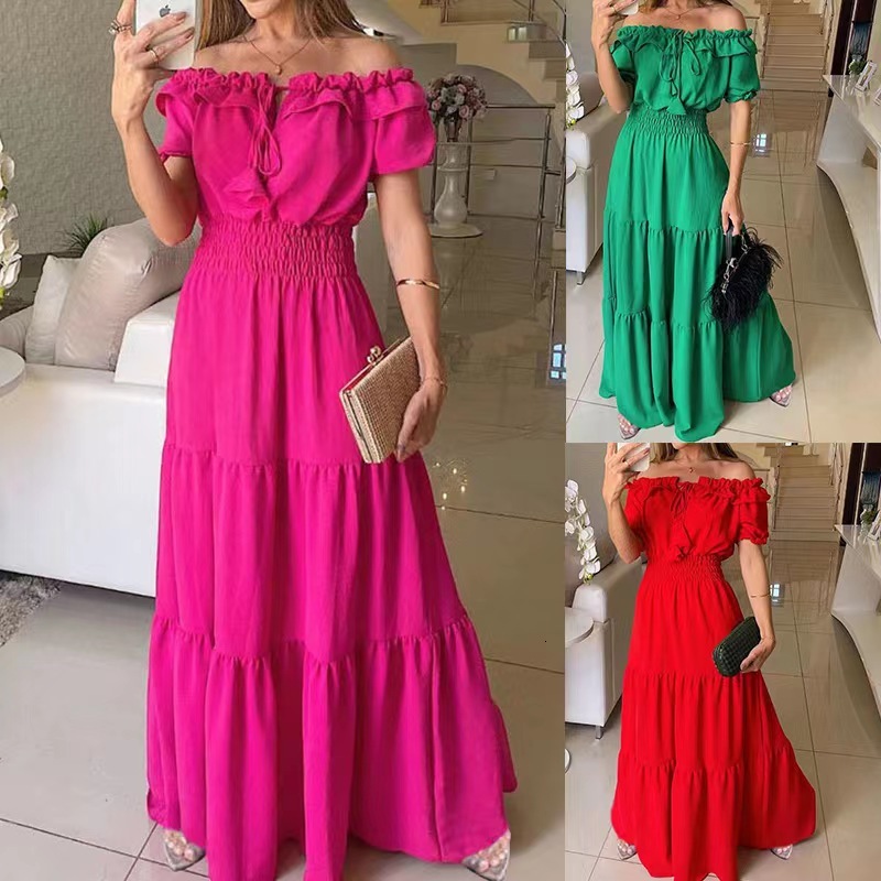 2026 New Fashion Solid Color Lotus Lace-Up Ruffle Trim Strapless Puff Sleeve Flared Dress