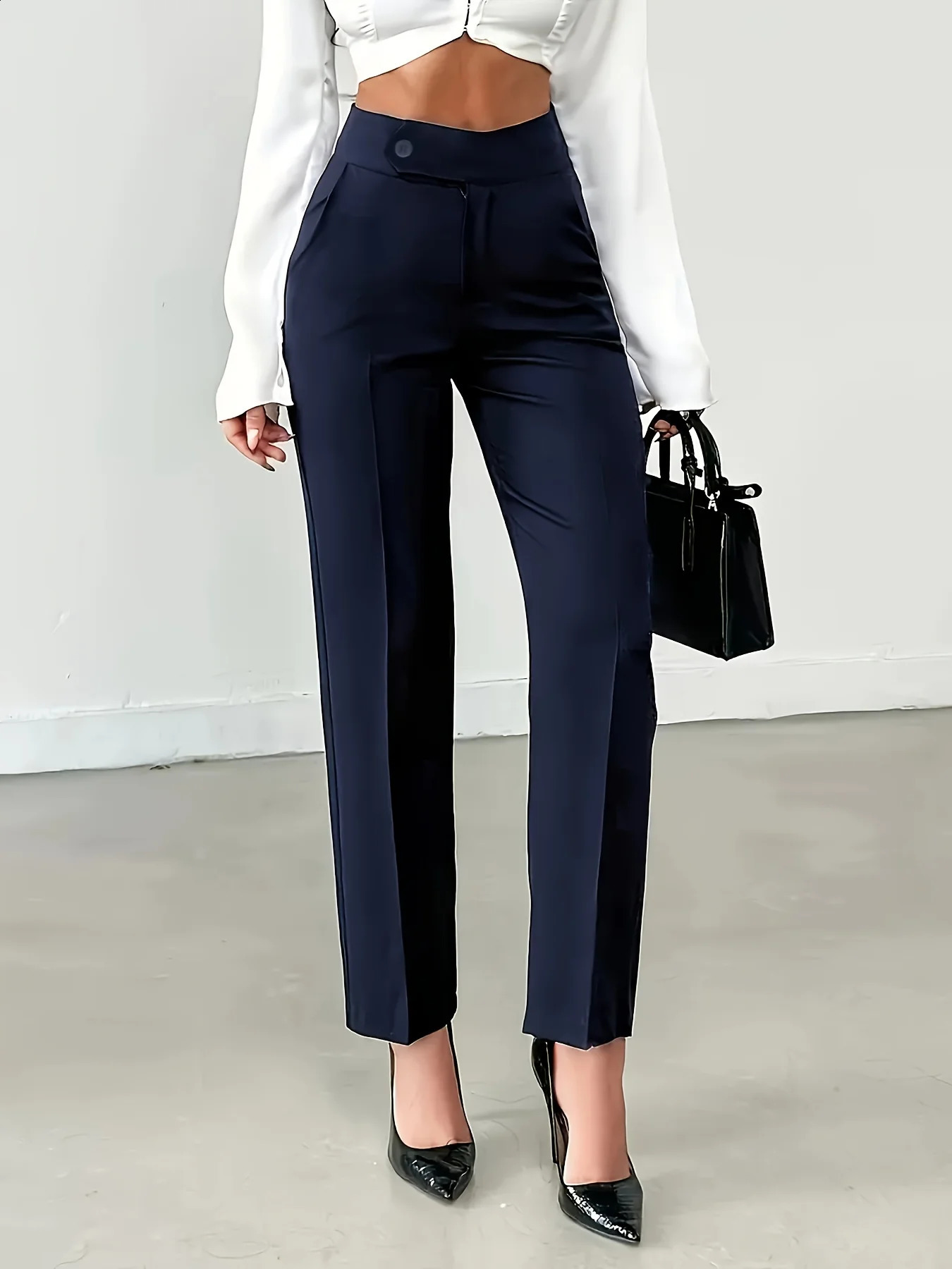 Navy Blue High Waist Trousers Tailored Straight Leg Office Pants with Button Closure Elegant Comfortable for Work Casual 260625