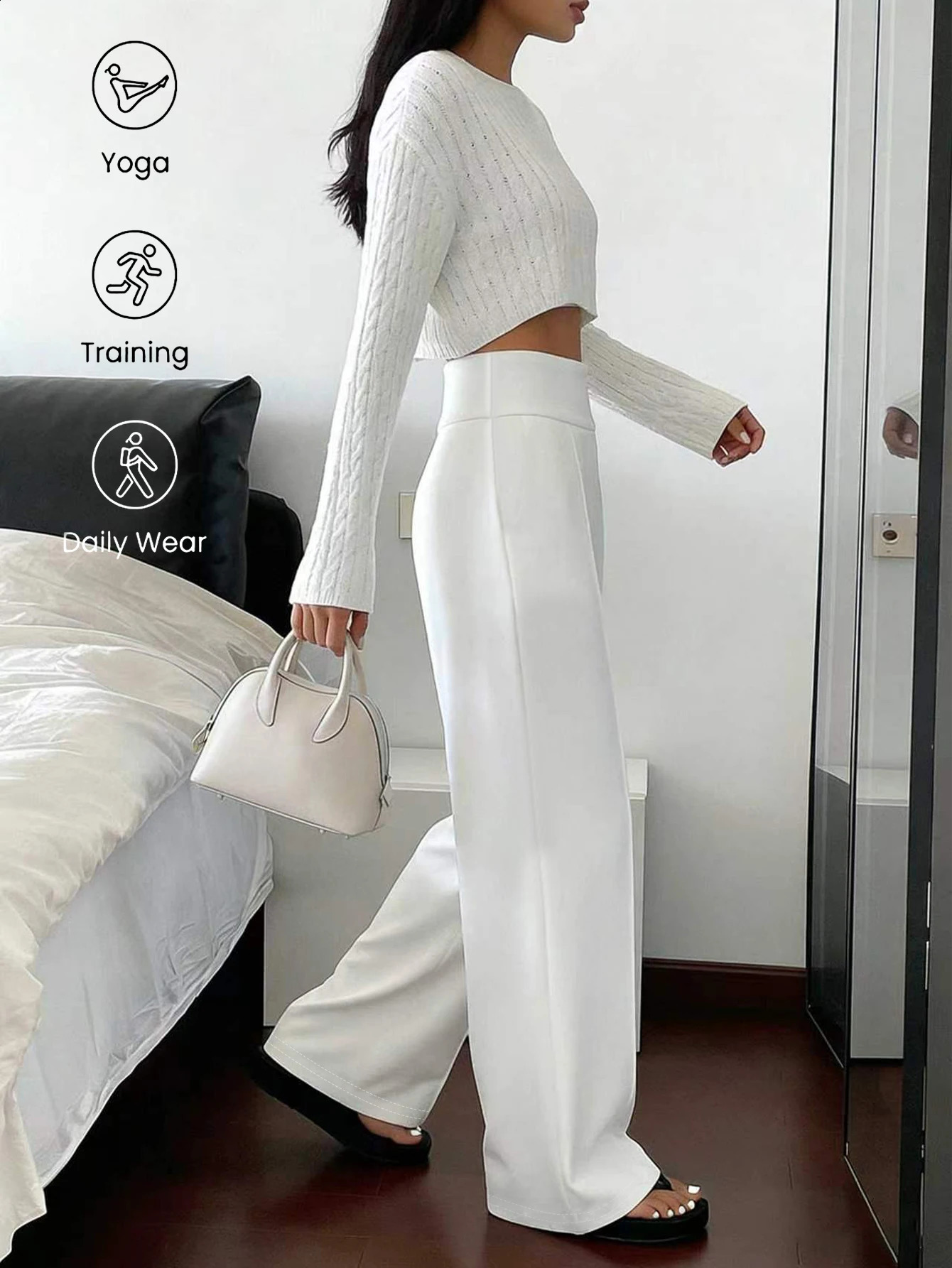 Women Loose Straight Leg Pants Minimalist White Casual Long Slimming Cargo With Stripe n Standard Size Suitable 260625 - view 3