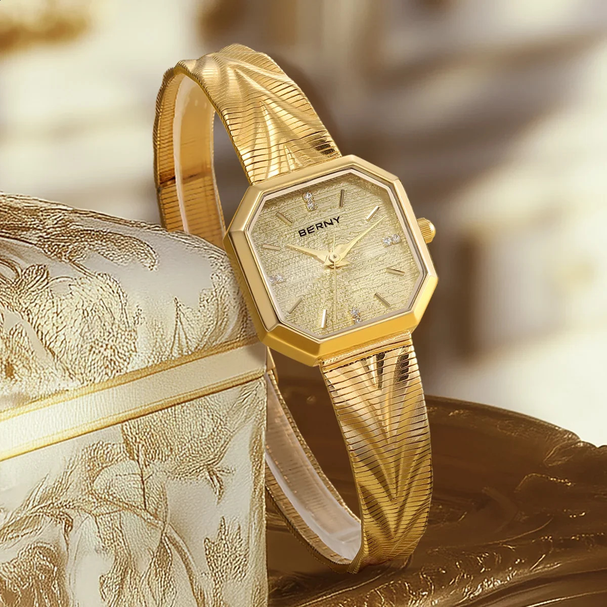 BERNY Gold Watch for Women Grit Dial Octagonal Ladies Quartz Wristwatch Stainless Steel Women Small Golden Watch y Watches 260625 - view 5