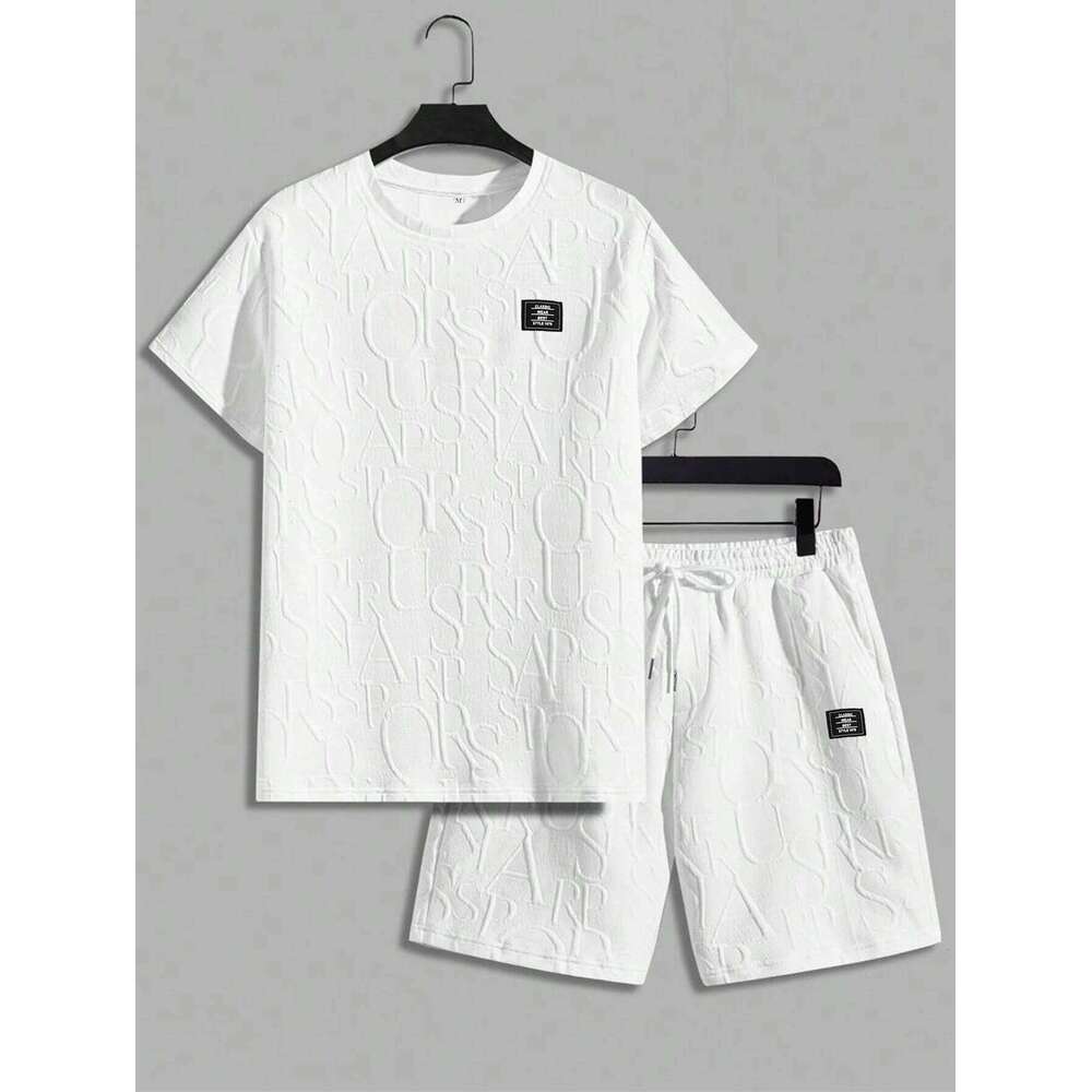 Men's Textured Letter Patched Round Neck Tee Drawstring Two-Piece Set Regular Fit Casual Short Sleeve T shirt & Shorts 26Y0626 - view 1