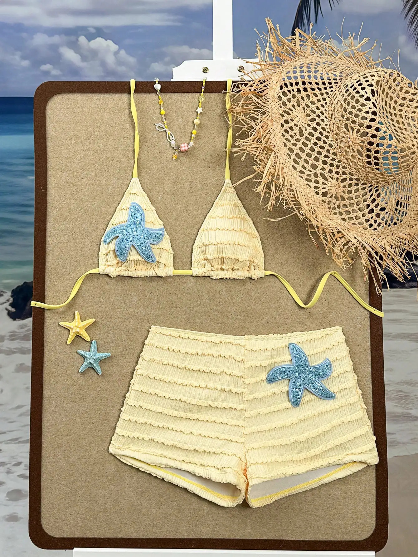 Yellow Ruched Bikini Set With Sequin Starfish Applique Beach Swimwear 260622