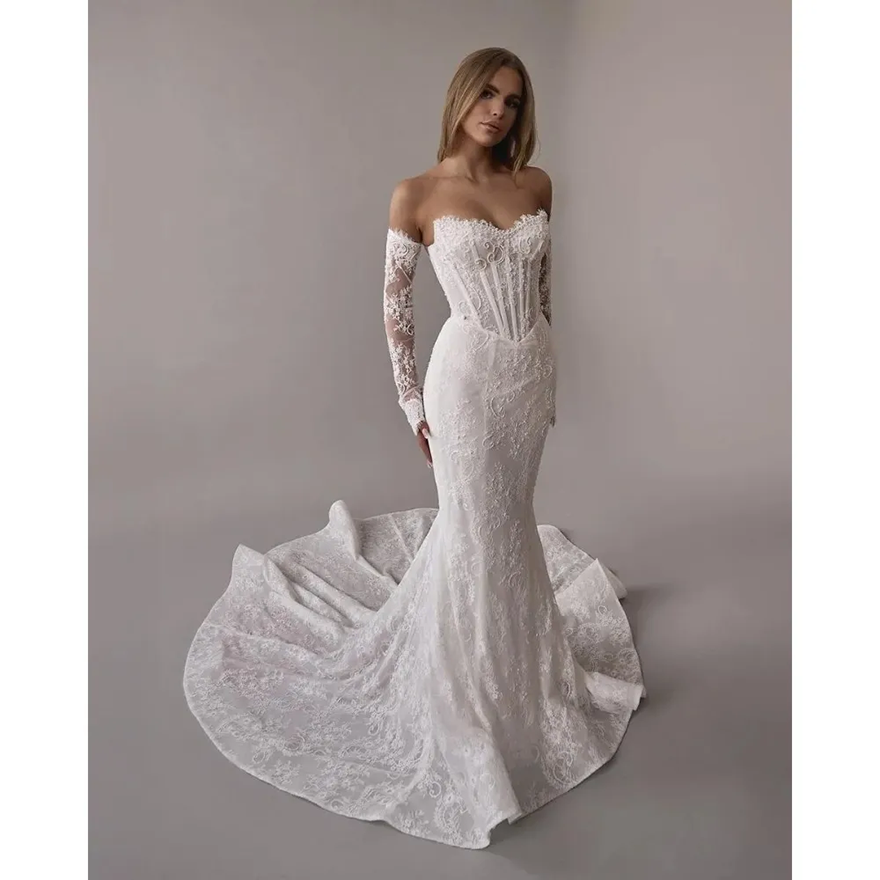 Lace Mermaid Wedding Dress With Detachable Train Long Sleeves Corset Boning Bridal Gowns Cat-eye Neckline Buttons Back Bride Formal Ceremony Vestdos D - view 5