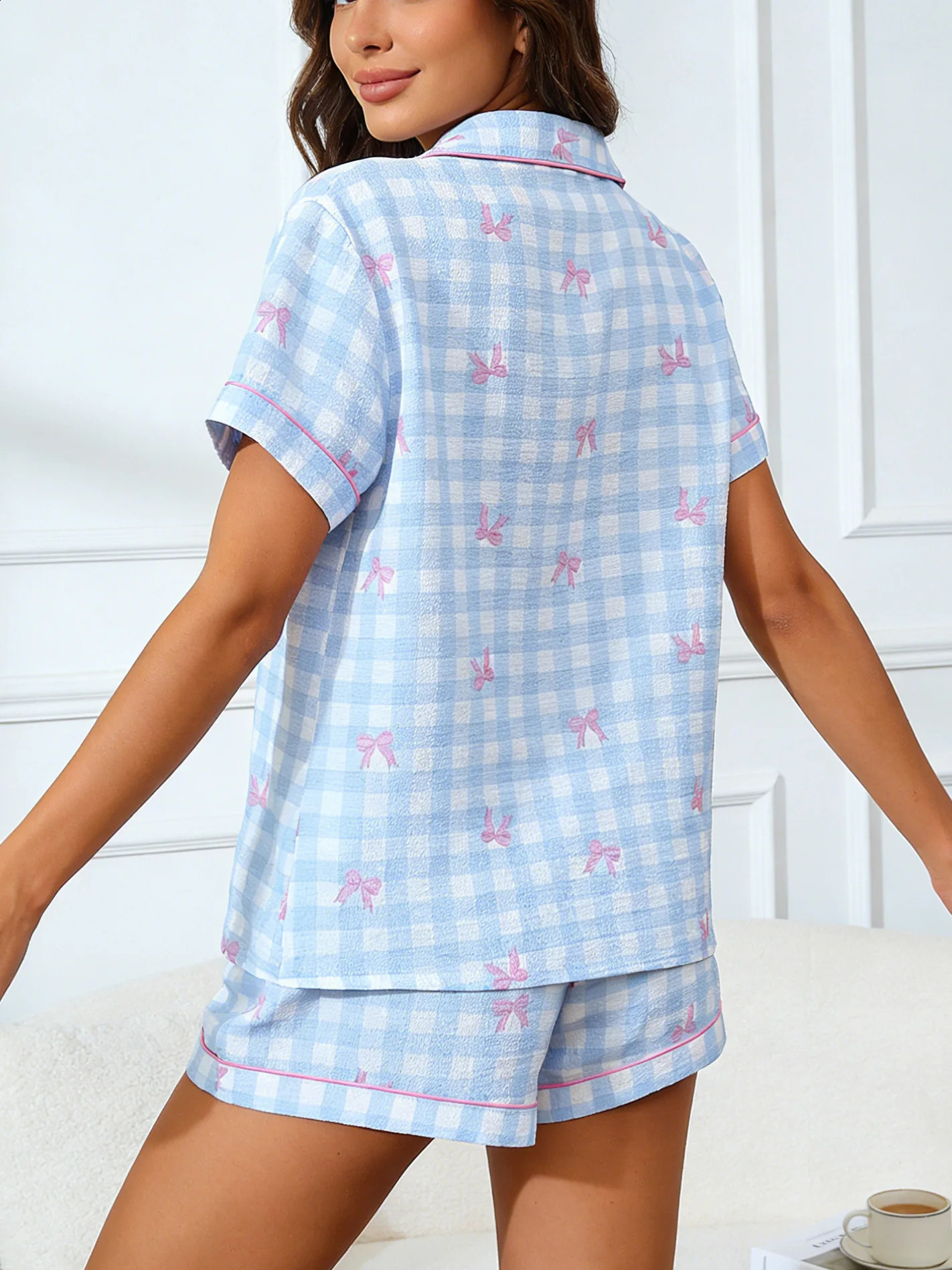 Cardigan Lapel Women Pajamas Short Sleeve Shorts Two Piece Set Loungewear Spring Summer Sweet Blue Plaid Pink Bow Print Loose Co 260625 - view 3