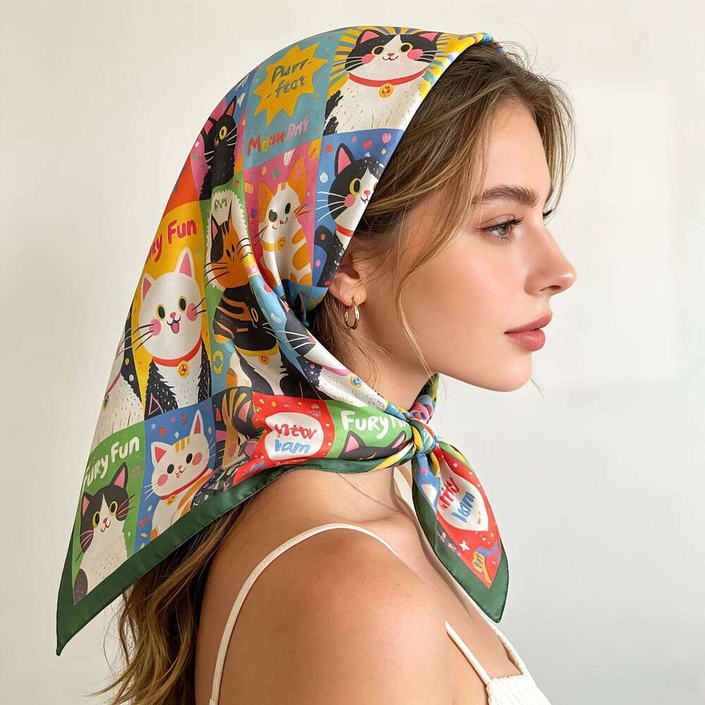 2026 New Imitation Silk Square Scarf Women Animal Cat Printed Fashion Accessories Hairband Foualrd Bandana Neckercheif 26Y06226