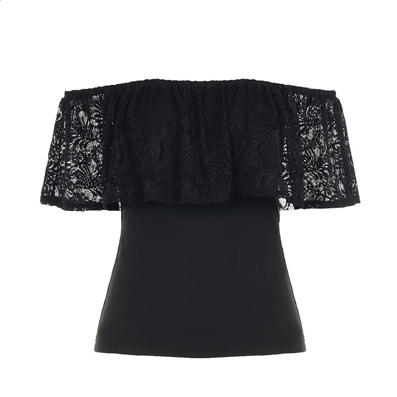 RUOKE Sexy Off Shoulder Lace Crop Top Women Ruffle Blouse Summer Slash Neck Tshirt Slim Fit Tube Going Out Party Date Y2K 260616 - view 6