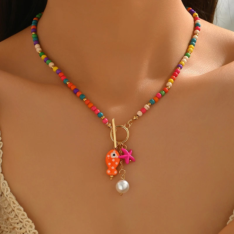 Bohemia Colorful Ceramic Fish Pendant Necklace for Women Handmade Beaded Pearl Starfish Necklace Summer Vacation Jewelry 260626