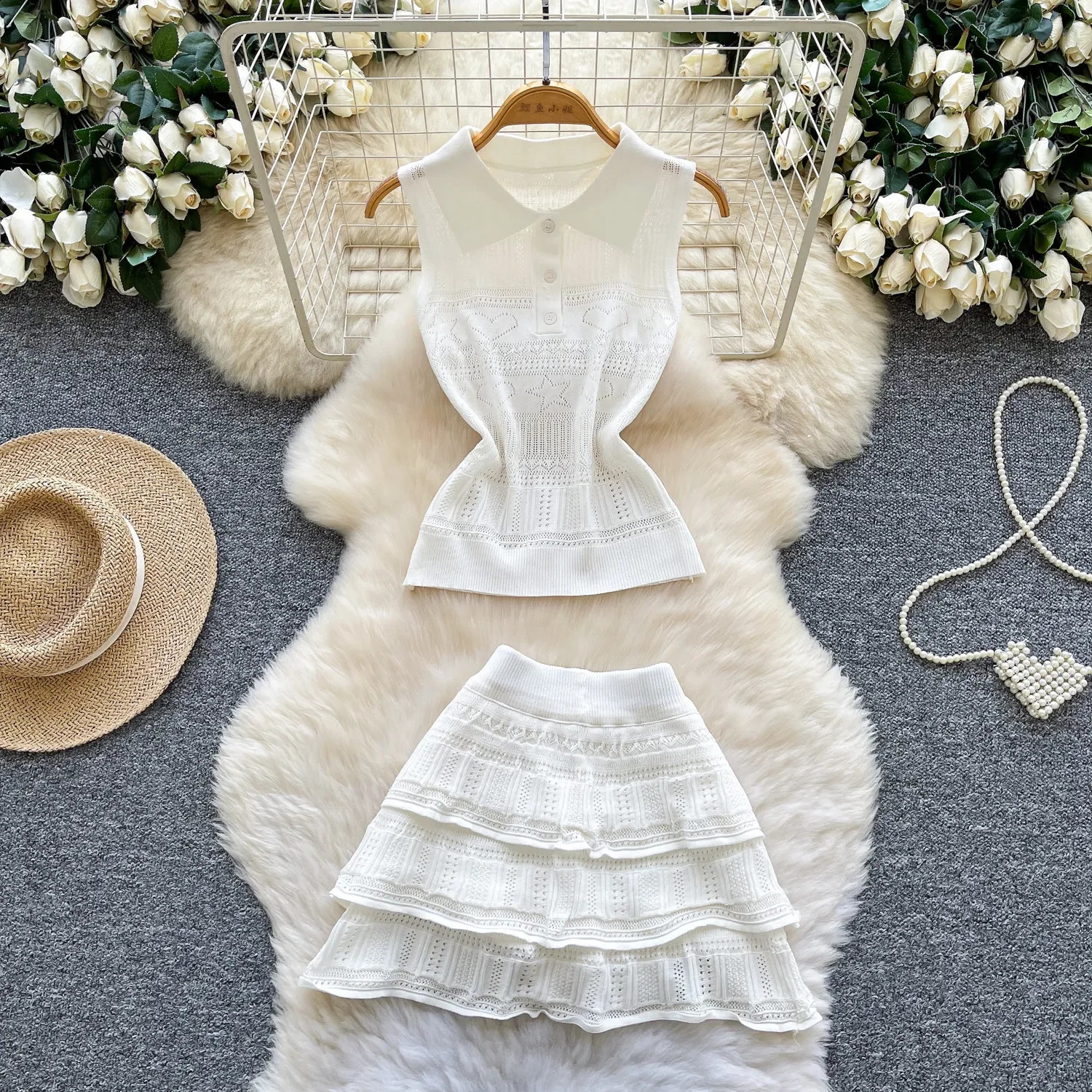 2026 Summer Women Sweet Turndown Collar Sleeveless Short Camisole Tops Solid Color Pleated Mini Skirt Two Piece Set 260626 - view 5