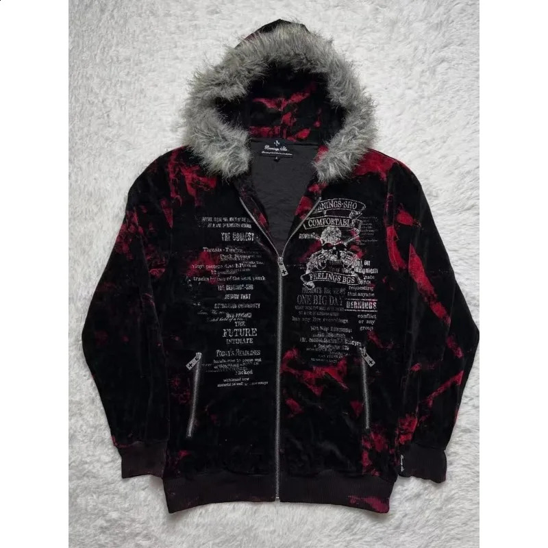 Gothic geometric print red gradient zipper hoodie women fashion high street fur collar loose sweatshirt for men and women 260626 - view 3