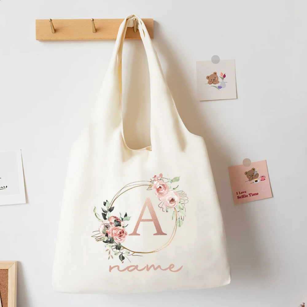 Custom Name Floral Alphabet Print Tote Bag Personalize Canvas Portable Large Capacity Handbags The Christmas Birthday Gifts 260625
