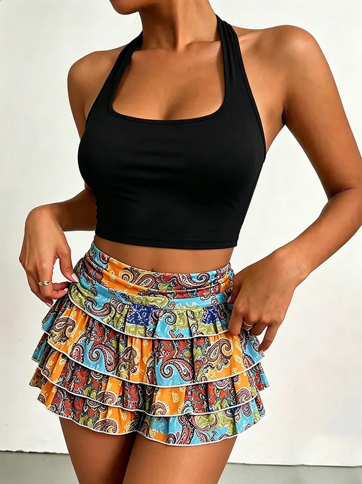 Womens clothing set solid color hanging neck backless vest topelastic waist geometric printed half skirt short 260625 - view 5
