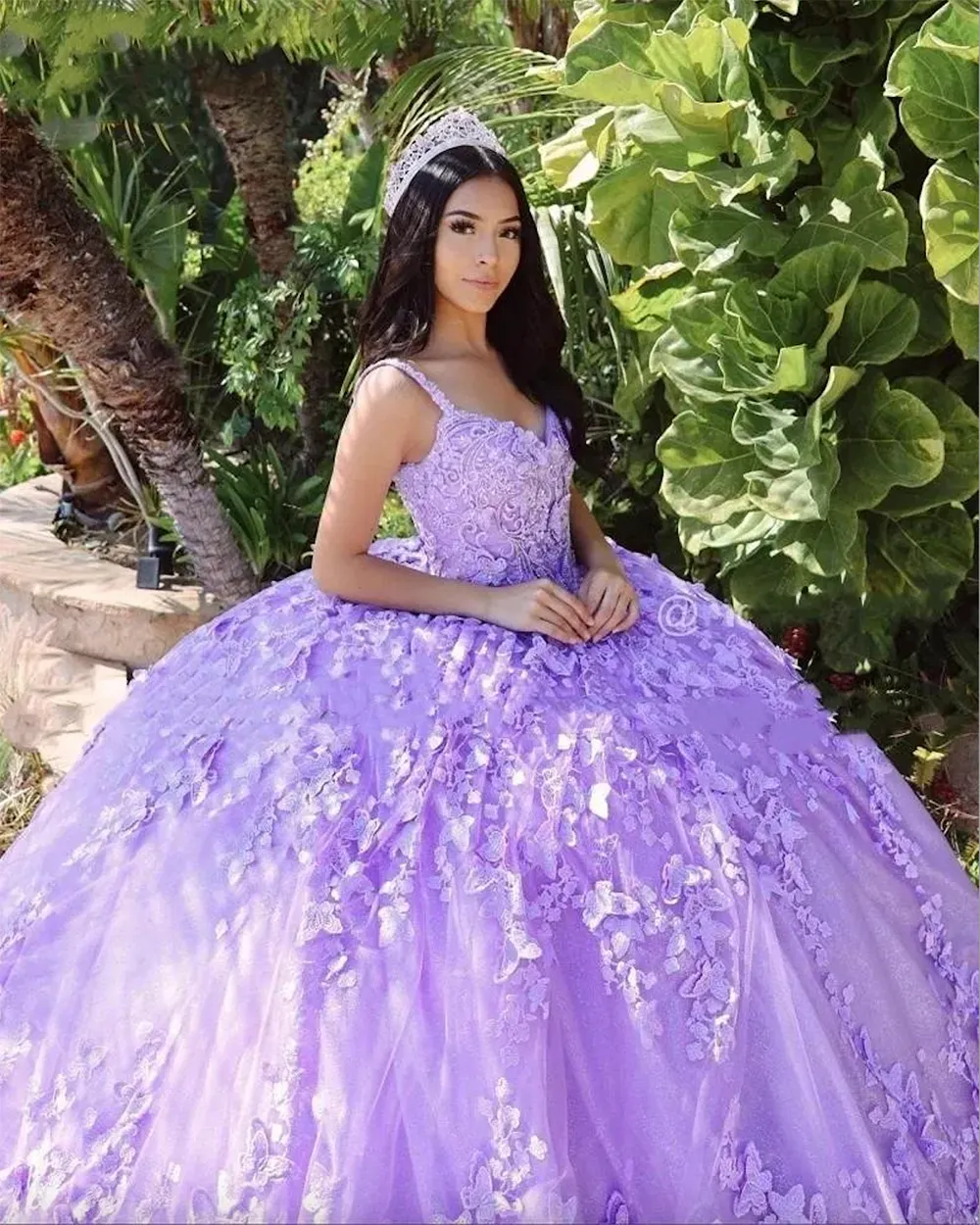 Taro Purple Heavy Beaded Butterfly Flower Tulle Ball Gown Quinceanera Dreamy Princess Dress - view 1