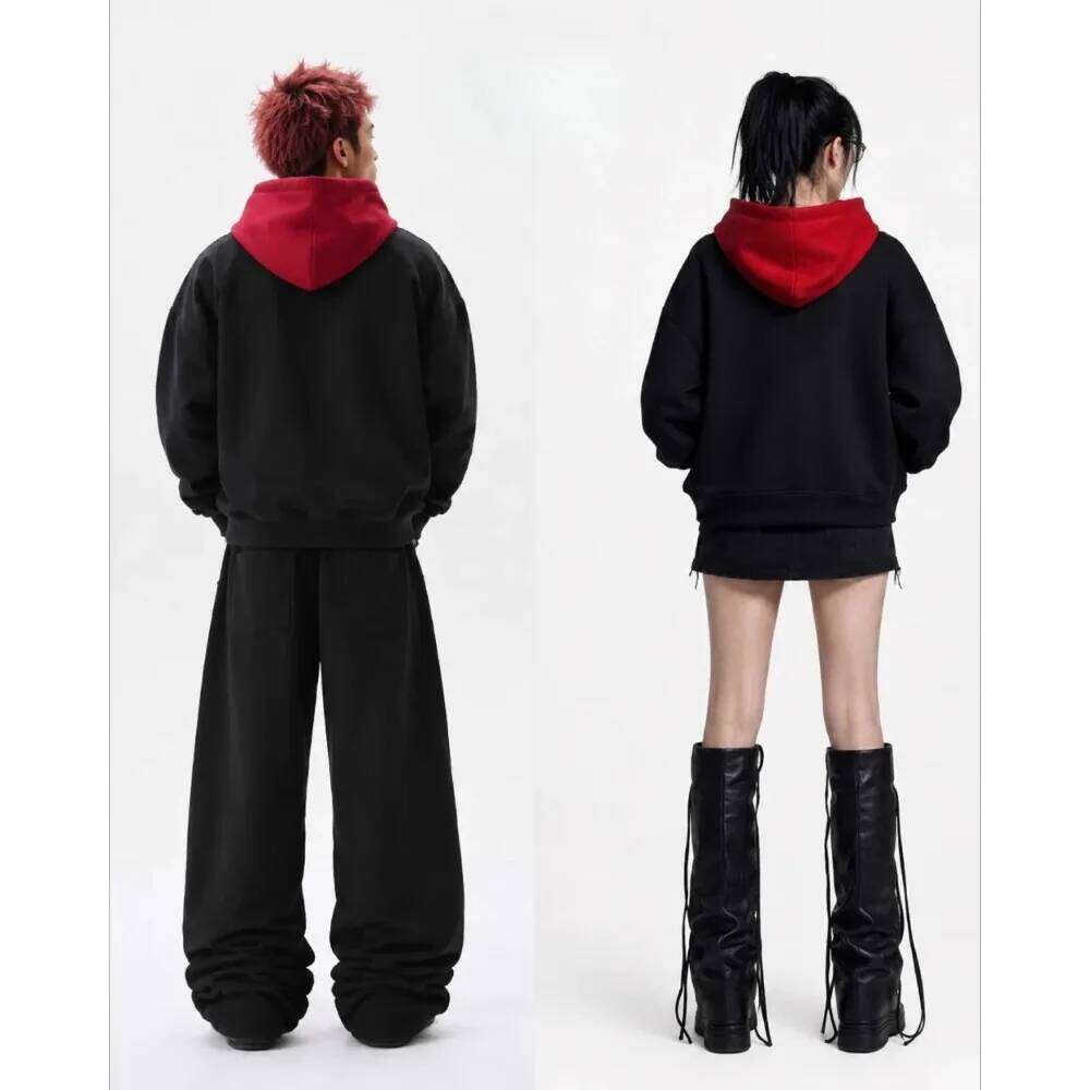 Y2K retro hoodie oversized black and red stitching metal buttons casual sweatshirt fashion hip-hop streetwear simple jacket W260626 - view 7