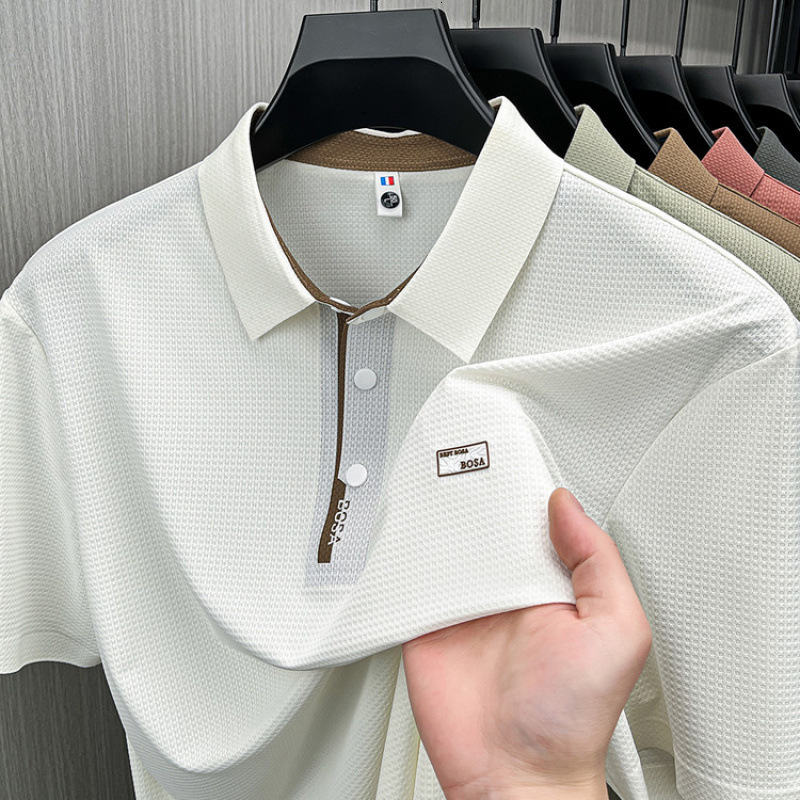 Men's Seamless Nylon-Spandex Short-Sleeve T-Shirt Summer New Design, Casual Solid Color Men's Turn-Down Collar Polo Shirt Top