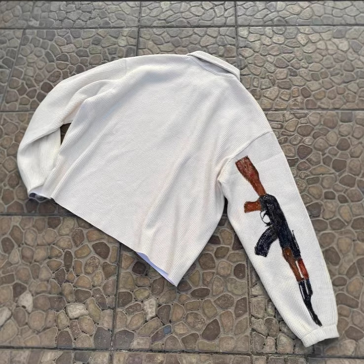 American Street Style Autumn Winter Loose-Fitting Unisex Jacket With Gun And Letter Print Pattern - view 5