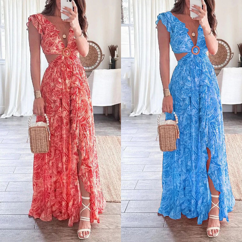 2026 Spring New Womens Fashion Printed V-neck Ruffle Hem Slit Dress - view 5