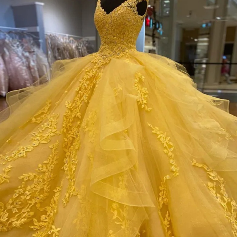 Golden Heavy Embroidered Leaf Lace Multi-Layer Ruffle Big Dress Quinceanera - view 3