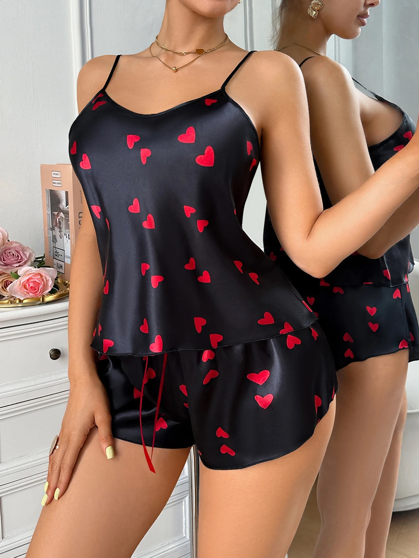 2026 Womens Pajama Set Cute Heart Print Cami and Shorts 2 Pieces Round Neck Elastic Waist Fashion Sleepwear 260625 - view 4