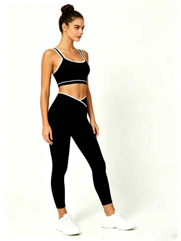 Outfit Black White Contrast Gym 2 Pieces Square Neck Sports Tank Top High Waist Leggings for Women M260626 - view 5